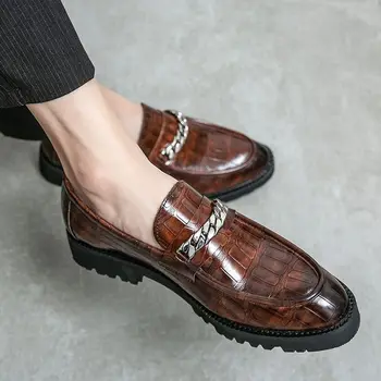Официалната обувки, Нови мъжки лоферы с катарама, Модерни обувки за мъже от естествена кожа крокодилска кожа, Луксозна модельная Ежедневни обувки, без съединителни A178
