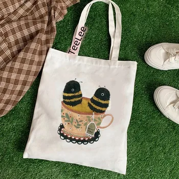 Парусиновая чанта-тоут Kawaii, пазарска чанта, Дамски чанти, Модни Ежедневни чанти за рамо с хубав пчелен принтом За момичета