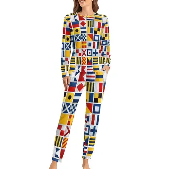 Пижама с морски знамена, Дамски нощен дрехи в стил на Kawai с цветни принтом, Есен, 2 броя, Эстетичные Пижамные комплекти за голям размер