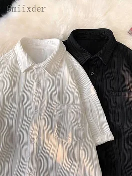 Плиссированная Жаккардовая Риза с къси ръкави, Мъжка Лятна Риза От Ледената Коприна, Тънка Дишаща Свободна Ежедневна Блуза, Корейски Прост Trend Топ