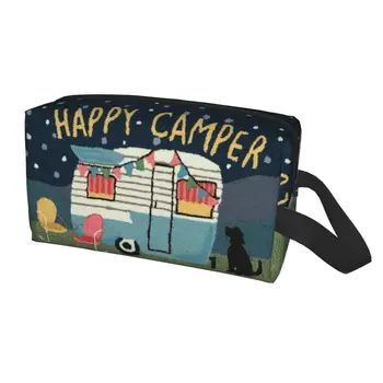 Приключенски пътуване, Happy Campers Пътна Косметичка Карикатура на АВТОБУСА Къмпинг Грим Органайзер за тоалетни принадлежности Дама, Определени за съхранение на козметиката