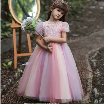 Принцеса рокля за Първо Причастие, Дантелено Рокля с лък, Къс ръкав, Тюлевое рокля с цветя модел за момичета на Сватба, рожден Ден, Конкурс за красота, Бална рокля