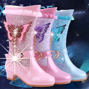 Принцесата на модата: ботуши за момичета на висок ток с кристали–пеперуди, уютна кожа хастар - топъл и стилен студентски обувки