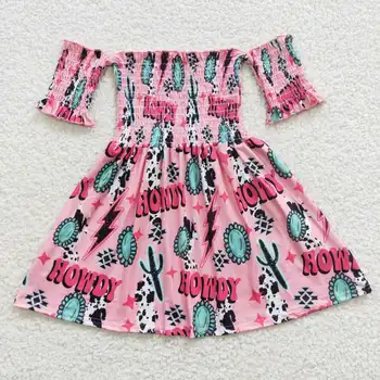 Продажба на едро на детски дрехи, Моден модел, Бутик за момичета, розова рокля от волска козина с къс ръкав, подходящо за пролет-лято