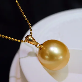 Прост Златен медальон с морски перли 13-14 мм, кръглата верига от естествени перли, окачване за всеки ден за жени, модни бижута и аксесоари