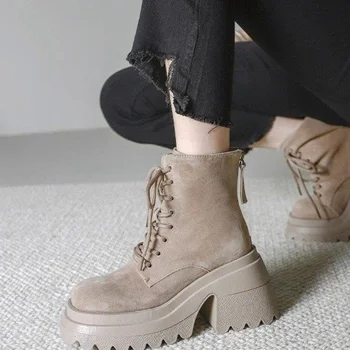 Реколта дамски обувки на дебелото платформа от набук, Есен 2024, черни ботуши на дебелото платформа, дамски модни каубойски ботуши в западен стил
