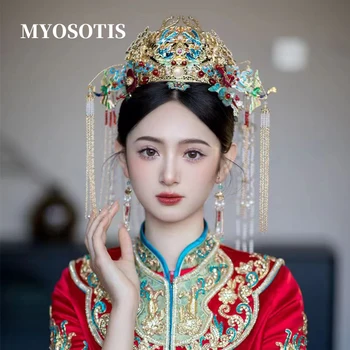 Ретро китайски сватбена прическа, ретро син костюм от епохата на Мин, crown за коса принцеса сватба, сватбени аксесоари, сценичното шоу