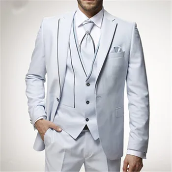 Сатен сако с цвят на слонова кост, Панталони, Италиански мъжки костюми, 3 бр. (яке + панталон + елек + вратовръзка), Смокинг за бала, Дрехи за партита, приталенная облекло за младоженеца по поръчка