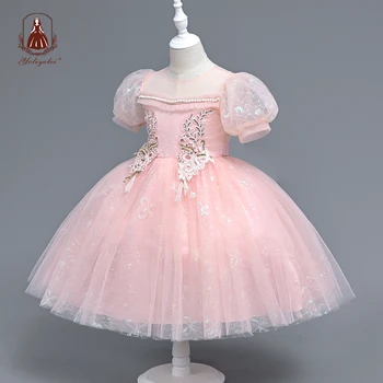 Сватбени рокли Yoliyolei 2023, Рокли с цветя модел за момичета, Летни Рокли с пищни ръкави и Перли на рожден Ден С апликации