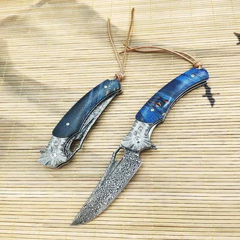 Сгъваем нож за нощуване на открито, стабилна дървена дръжка на нож от дамасской стомана, джобен инструмент за самозащита EDC