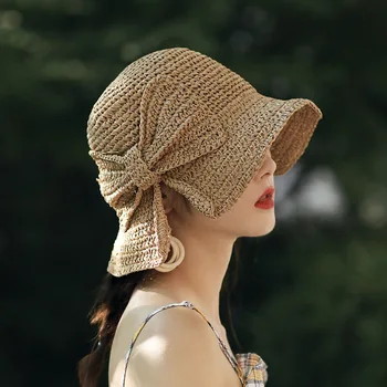 Сгъваема сламена плажна шапка от слънцето с широка периферия, лятна шапка с лък за жени и момичета, регулируема каишка