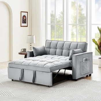 Сиви разтегателен диван-канапе с разтегателен диван, 55-инчов модерен velvet разтегателен разтегателен диван с възглавници и странични джобове за хол