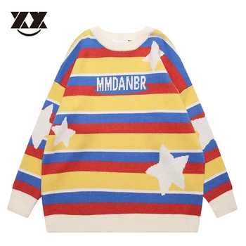 Случайни пуловер оверсайз в стил хип-хоп, Унисекс, Многоцветни райета плетени пуловери в стил Харадзюку със звездите, мъжки модни улични пуловери Y2K
