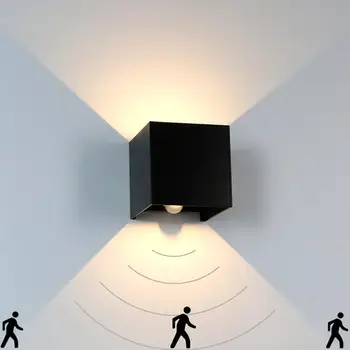 Стенни аплици LED Aluminum Cube Square, водоустойчив външни осветителни тела с датчик за движение, Външни стенни лампи с регулируем лъч на светлината