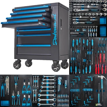 Стоманен шкаф с 7 чекмеджета, количка за инструменти в студиото и кутия с набори от ръчни инструменти