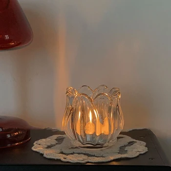 Стъклен свещник във формата на лале за домашен интериор, Романтична вечеря на свещи, Свещници, украса на масата за сватбеното парти, лампа-свещ