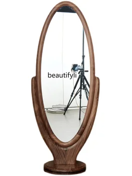 Тоалетен огледало от черно орехово дърво, въртящо се на 360 градуса Огледало в цял ръст, Домашно подова огледало, чисто Нов китайски стил