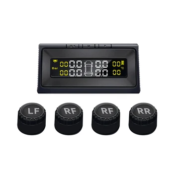 Универсална Безжична система за контрол на налягането в гумите, Слънчев часовник, LCD дисплей, 4 външни и вътрешни сензор за налягането в гумите, алармена система, TMPS
