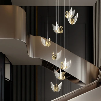 Форма на Лебед, на Едро, Висококачествена и Луксозна златен Полилей за хотела вътрешен, Творчески crystal led окачен лампа