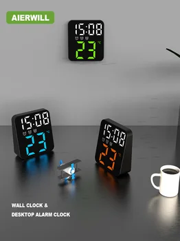 Цифров часовник с аларма за спални с контролирана температура и яркост, гласово управление, три, аларма, стенни часовници 12/24 часа