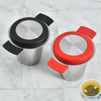 Чай филтър с топки от неръждаема стомана с капак и силиконовата дръжка, цедка за чаши и чайници