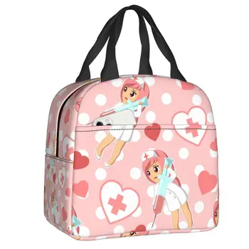Чанта за обяд с изолация Kawaii медицинска сестра за къмпинг и пътешествия, розово модел на точки, преносим термоохладитель Bento Box за деца