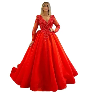 Червена Вечерна рокля с дълги ръкави, Секси V-образно деколте, Дълги ръкави, Арабско Вечерна рокля за Бала, Дантелени апликации, Дамски официални рокли