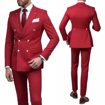 Червени мъжки костюми, 2 броя, Двубортная мъжки дрехи с остър ревери, Джентльменские Сватбени Смокинги за младоженеца, Индивидуален Блейзър за кума