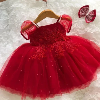 Червено Атласное рокля ръчна изработка, ръчно изработени с голям нос за малки момиченца, дрехи за рожден ден, Дантелено рокля с Перли, Тюлевое рокля с цветя модел за момичета, дрешки-пакетче, Размер