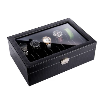 Черна кожена кутия за механични часовници с ключалка