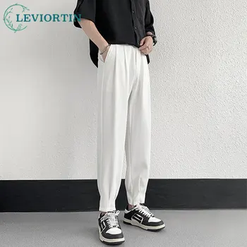 Черни летни Панталони за Костюми, Мъжки Модел, Панталони, Корейски Свободни прави панталони от Коприна Лед, Мъжки Офис официални панталони