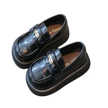Черните Малки кожени обувки за момичета; колекция 2023 г.; Есенни Нови детски обикновена тънки обувки в английски стил за момичета; Обувки на Принцесата; Обувки Lefu