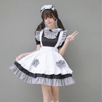 Черно-бяло клетчатое сладка рокля на прислужница в стил Лолита, костюми за cosplay, рокля на прислужница в ивица с лък, костюм за сервитьорки, вечерни костюми мома S -5XL