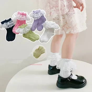 Чорапи за малки момичета, дишащи памучни чорапи принцеса с кружевными накъдрен, мрежести чорапи за малки момичета, къси чорапи на щиколотках, бели, розови, жълти, за момичета и малки деца